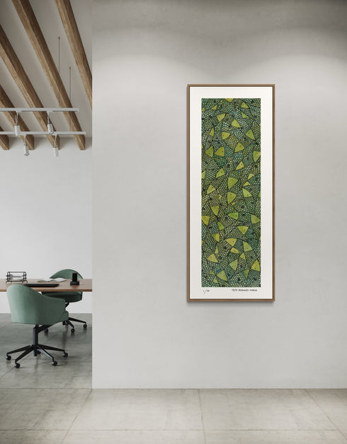 Green Gold Sardines is a Limited Edition Print by Seth B. Minkin, with bold lime green and gold hues, highlighting sardines' dynamic colors and playful composition.